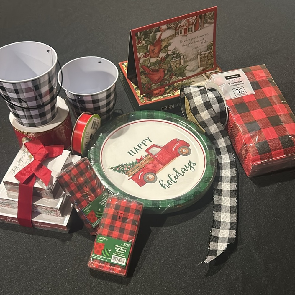 Lot of Christmas Goodies - ribbon, cards, plates, napkins, notes